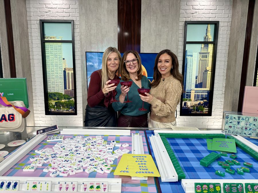 Leigh and Liz on TV with mahjong sets